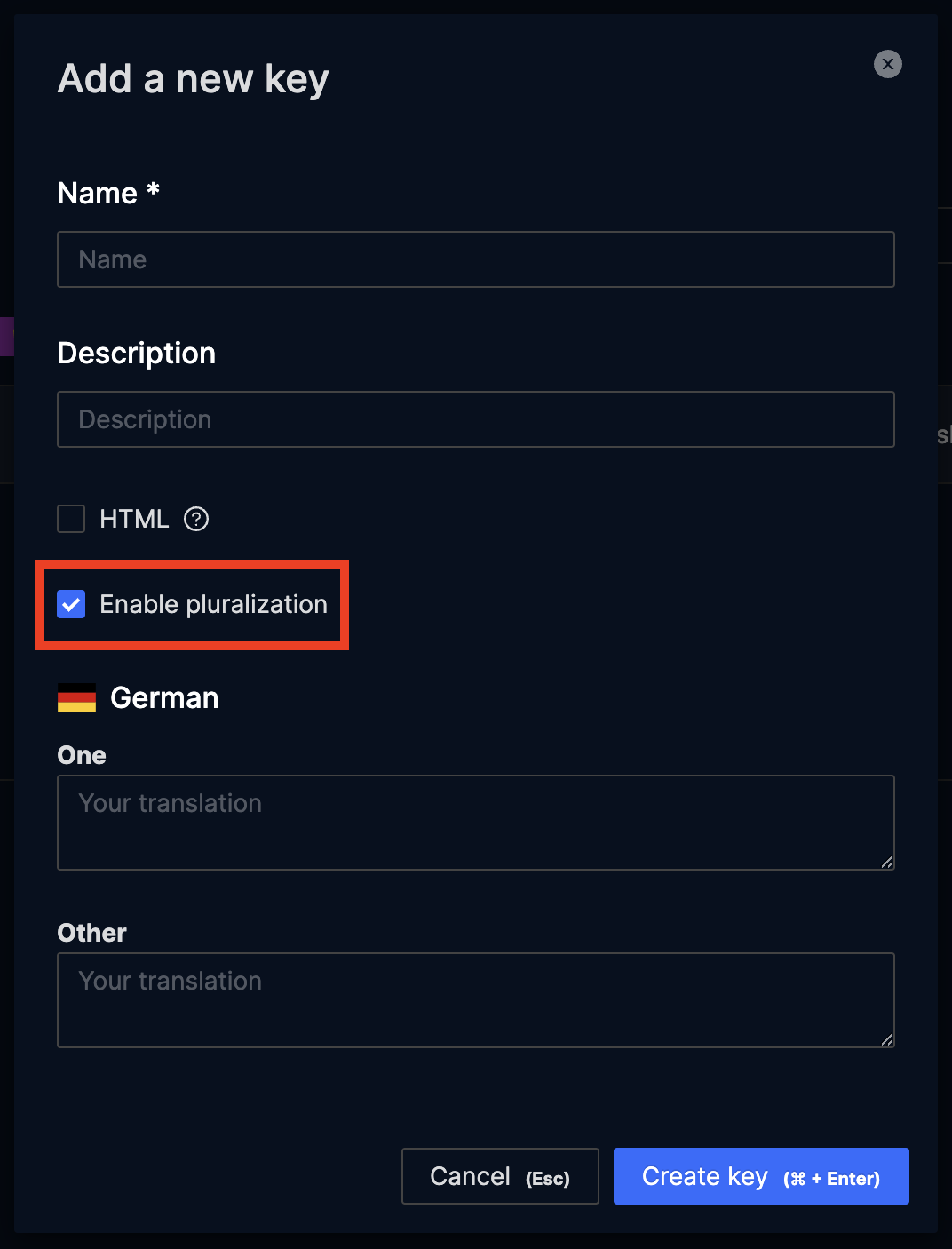 Enable pluralization while adding a new key